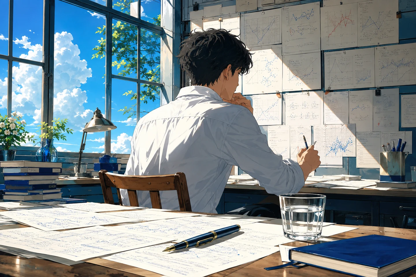 An anime researcher examining charts